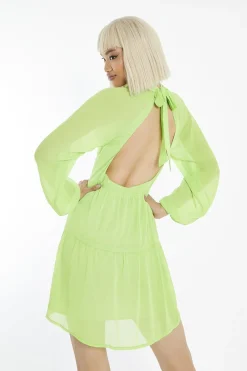 Glamorous Mini Dresses|Mini Dresses|Acid-Lime Long-Sleeve-Open-Back Mini-dress -