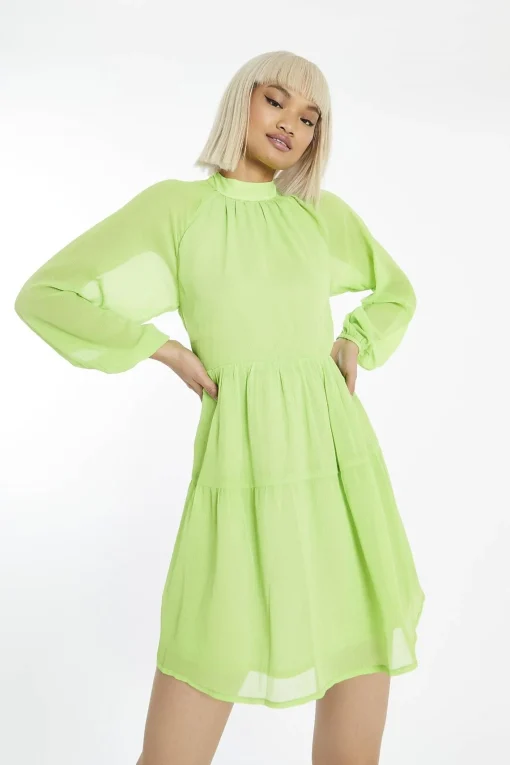 Glamorous Mini Dresses|Mini Dresses|Acid-Lime Long-Sleeve-Open-Back Mini-dress -