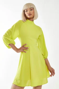 Glamorous Best Dressed Guest|Go To Partywear|Acid-Yellow High Neck Open Back Mini-Dress -