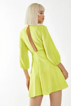 Glamorous Best Dressed Guest|Go To Partywear|Acid-Yellow High Neck Open Back Mini-Dress -
