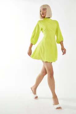 Glamorous Best Dressed Guest|Go To Partywear|Acid-Yellow High Neck Open Back Mini-Dress -