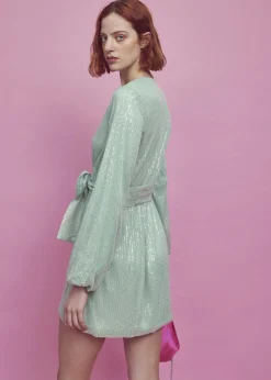 Glamorous Dresses|Sequin Dresses|Alice Tie-Waist Sequin Mini-Dress -Apple-Green Sequin -