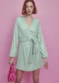 Glamorous Dresses|Sequin Dresses|Alice Tie-Waist Sequin Mini-Dress -Apple-Green Sequin -