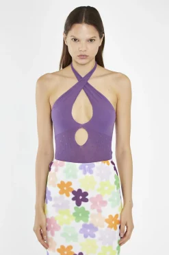 Glamorous Crops, Corsets & Bodysuits|Amethyst Cross-Over Halterneck Knitted-Bodysuit -