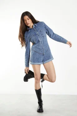 Glamorous Playsuits|Antique-Treatment Wash Boiler Denim-Playsuit -
