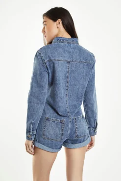 Glamorous Playsuits|Antique-Treatment Wash Boiler Denim-Playsuit -