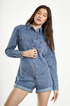 Glamorous Playsuits|Antique-Treatment Wash Boiler Denim-Playsuit -