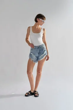 Glamorous Chic Escapes|Denim Shorts|Antique-Wash High-Waisted Distressed Denim-Shorts -