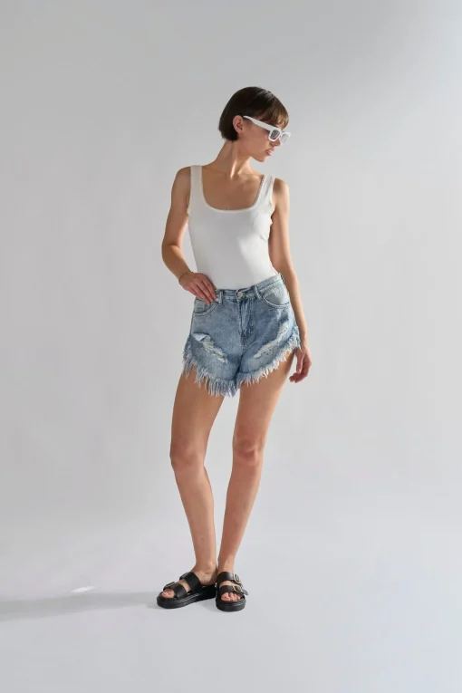 Glamorous Chic Escapes|Denim Shorts|Antique-Wash High-Waisted Distressed Denim-Shorts -