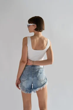 Glamorous Chic Escapes|Denim Shorts|Antique-Wash High-Waisted Distressed Denim-Shorts -