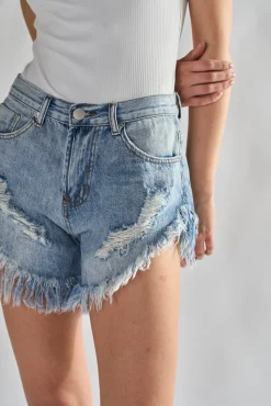 Glamorous Chic Escapes|Denim Shorts|Antique-Wash High-Waisted Distressed Denim-Shorts -