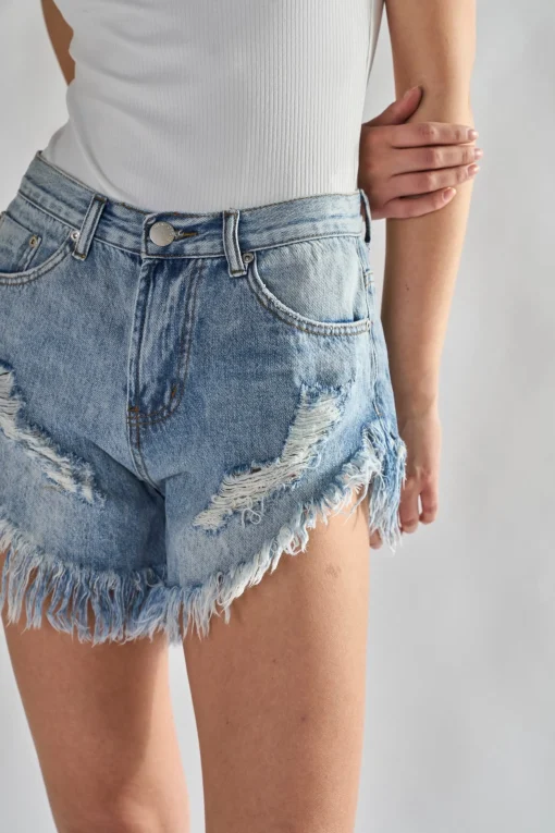 Glamorous Chic Escapes|Denim Shorts|Antique-Wash High-Waisted Distressed Denim-Shorts -