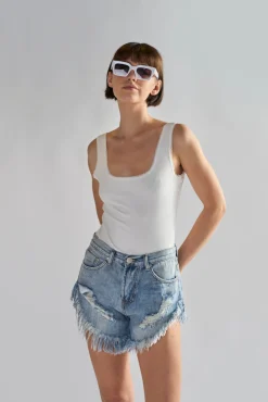 Glamorous Chic Escapes|Denim Shorts|Antique-Wash High-Waisted Distressed Denim-Shorts -