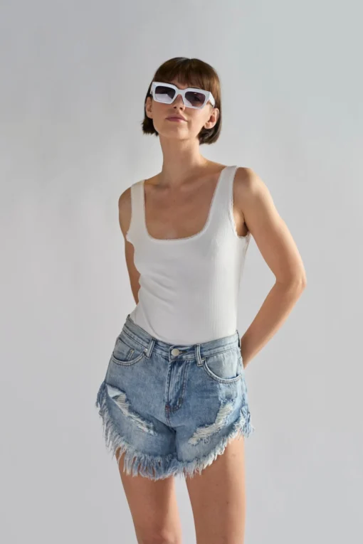 Glamorous Chic Escapes|Denim Shorts|Antique-Wash High-Waisted Distressed Denim-Shorts -
