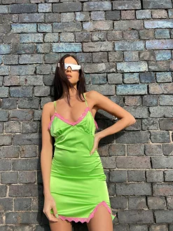 Glamorous Best Dressed Guest|Go To Partywear|Apple-Green Pink Lace Trim Mini-dress -