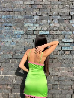 Glamorous Best Dressed Guest|Go To Partywear|Apple-Green Pink Lace Trim Mini-dress -
