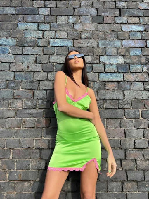 Glamorous Best Dressed Guest|Go To Partywear|Apple-Green Pink Lace Trim Mini-dress -