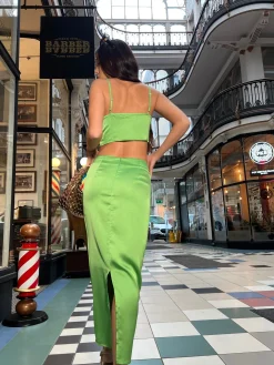 Glamorous Graduation|Going Out Tops|Apple-Green Satin Ruched Keyhole Crop-top -
