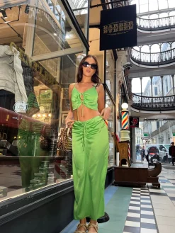 Glamorous Graduation|Going Out Tops|Apple-Green Satin Ruched Keyhole Crop-top -