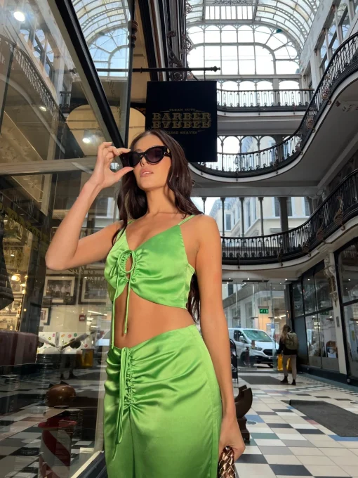 Glamorous Graduation|Going Out Tops|Apple-Green Satin Ruched Keyhole Crop-top -