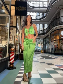 Glamorous Graduation|Going Out Skirts|Apple-Green Satin Ruched Midi-skirt -