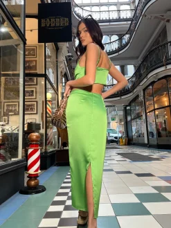 Glamorous Graduation|Going Out Skirts|Apple-Green Satin Ruched Midi-skirt -