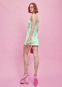 Glamorous Graduation|Best Dressed Guest|Apple-Green Strappy Satin Mini-Dress -