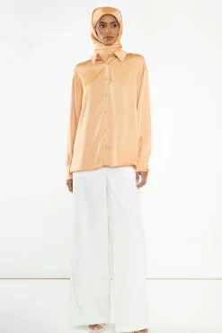 Glamorous Go To Partywear|Apricot Satin Long Sleeve Shirt -