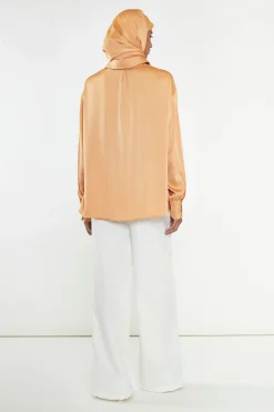 Glamorous Go To Partywear|Apricot Satin Long Sleeve Shirt -