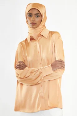 Glamorous Go To Partywear|Apricot Satin Long Sleeve Shirt -