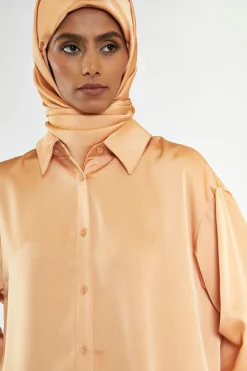 Glamorous Go To Partywear|Apricot Satin Long Sleeve Shirt -