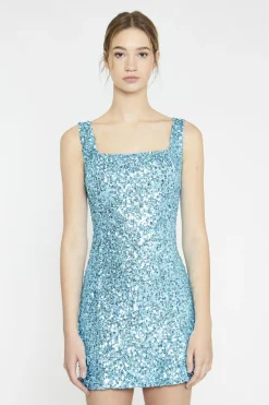 Glamorous Party Dresses|Going Out Dresses|Aquamarine-Sequin Square-Neck Mini-Dress -