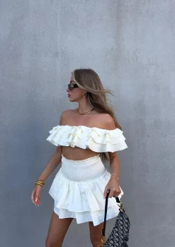 Glamorous Tops|Co-ords|Arabella Co-ord Bardot Ruffle Crop Top - Cream -