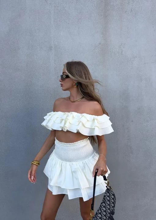 Glamorous Tops|Co-ords|Arabella Co-ord Bardot Ruffle Crop Top - Cream -