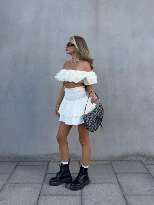 Glamorous Tops|Co-ords|Arabella Co-ord Bardot Ruffle Crop Top - Cream -