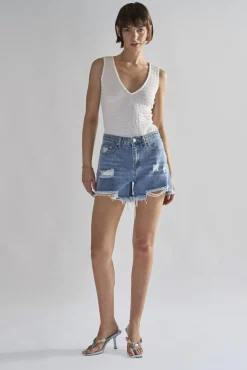 Glamorous Denim Shorts|Authentic Mid Blue Ripped Denim Shorts -