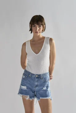 Glamorous Denim Shorts|Authentic Mid Blue Ripped Denim Shorts -