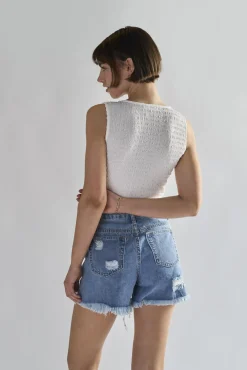 Glamorous Denim Shorts|Authentic Mid Blue Ripped Denim Shorts -