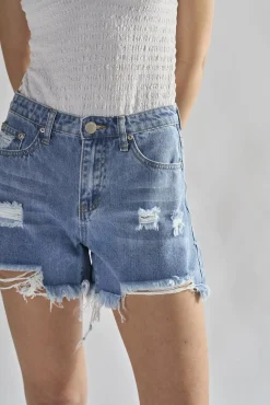 Glamorous Denim Shorts|Authentic Mid Blue Ripped Denim Shorts -