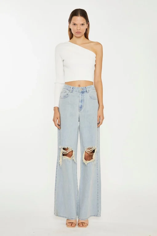 Glamorous Chic Escapes|Ripped & Distressed Jeans|Authentic-Bleach-Wash Distressed Wide Leg Jeans -