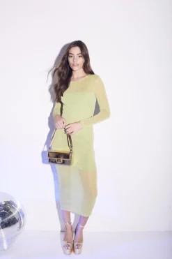 Glamorous Dresses|Party Dresses|Bailee Long-Sleeve Bodycon Midaxi-Dress - Green Glitter Mesh -