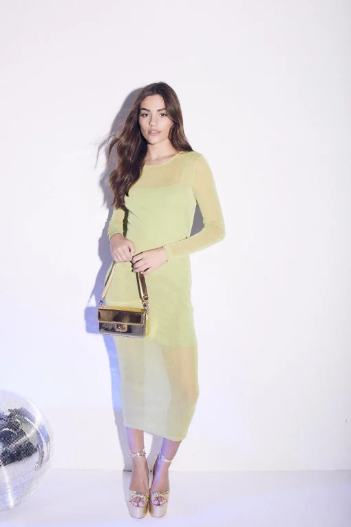 Glamorous Dresses|Party Dresses|Bailee Long-Sleeve Bodycon Midaxi-Dress - Green Glitter Mesh -