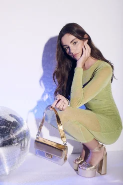 Glamorous Dresses|Party Dresses|Bailee Long-Sleeve Bodycon Midaxi-Dress - Green Glitter Mesh -