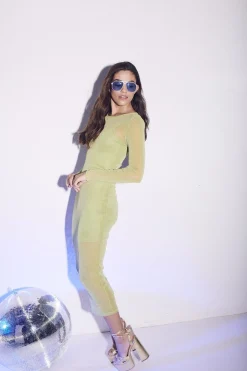Glamorous Dresses|Party Dresses|Bailee Long-Sleeve Bodycon Midaxi-Dress - Green Glitter Mesh -