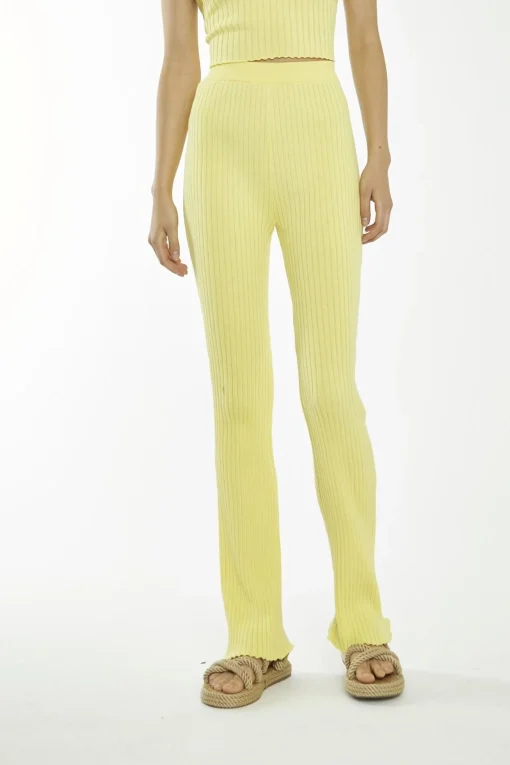 Glamorous Flares|Banana Yellow Ribbed Flare High-Waisted-Trousers -