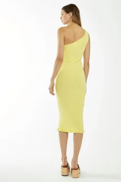 Glamorous Graduation|Best Dressed Guest|Banana-Yellow Rib-Knit Asymmetric Midi Dress -