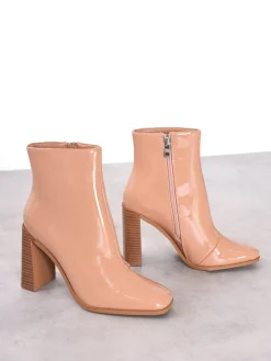 Glamorous Boots|Heels|Beige Patent Square-Toe Chunky Heel Boots -