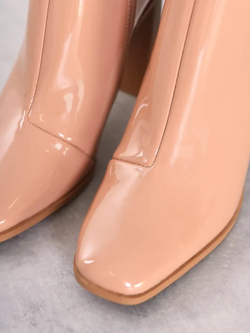 Glamorous Boots|Heels|Beige Patent Square-Toe Chunky Heel Boots -