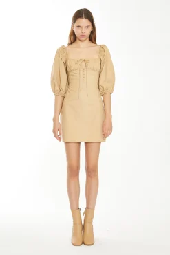 Glamorous Chic Escapes|Day Dresses|Beige Sand Puff Sleeve Mini-Dress -