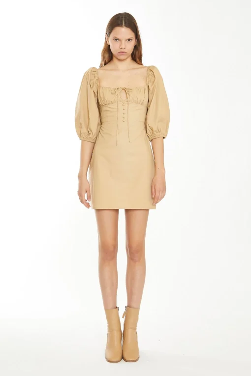 Glamorous Chic Escapes|Day Dresses|Beige Sand Puff Sleeve Mini-Dress -